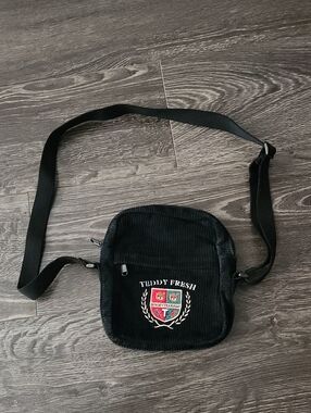 Teddy Fresh Black Corduroy Shoulder Bag with Embroidered Crest - Crossbody - Bag
